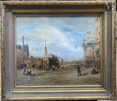 une peinture à l'huile représentant une scène de rue avec une calèche au premier plan