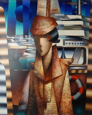un tableau représentant un homme portant un chapeau et un manteau