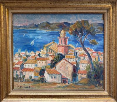 an oil painting of a village by the water with a sailboat in the distance