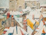 tableau représentant une vue d'une ville enneigée avec une église en arrière-plan