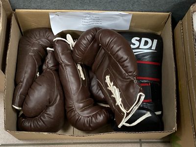 deux gants de boxe dans une boîte posée par terre