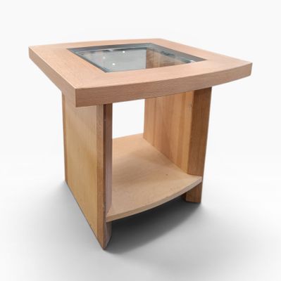 a small wooden table with a glass top on a white background
