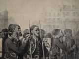 painting of a group of men standing next to each other in front of a building