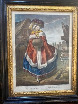 tableau représentant une femme vêtue d'une robe rouge et bleue tenant un pot