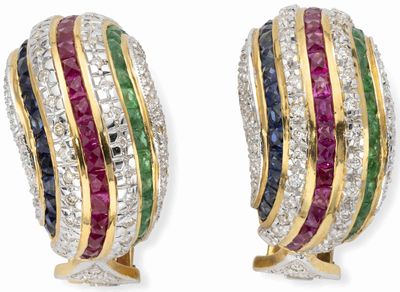 Clips D’Oreilles OR Jaune 18k, Diamant, Rubis, Saphir, Emera…