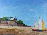 tableau représentant des voiliers sur la plage, avec un château en arrière-plan