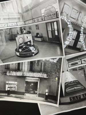 several black and white photos of a store front and a store front