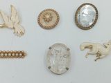 un assortiment de broches représentant notamment un cheval, un oiseau, un coquillage et une perle en forme de coquillage