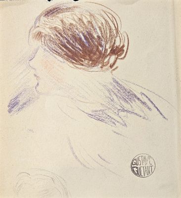 drawing of a woman ' s head in profile with her hair in a bun