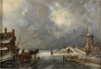 painting of a winter scene with a windmill and horse drawn sleigh