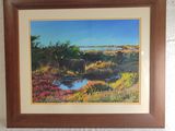 framed picture of a painting of two cows in a field