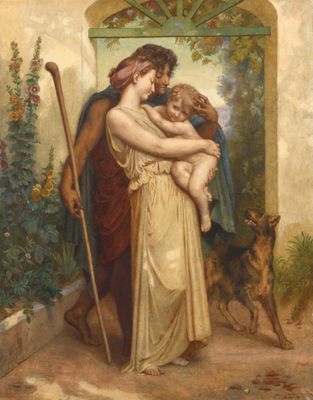 une image représentant un tableau où l'on voit une femme tenant un enfant et un chien dans ses bras