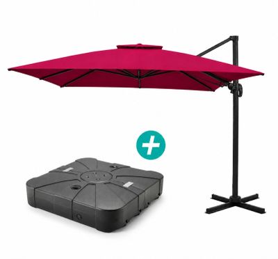 une image représentant un parapluie rouge et une valise noire sur fond blanc