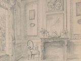 dessin représentant une pièce avec une cheminée et un fauteuil