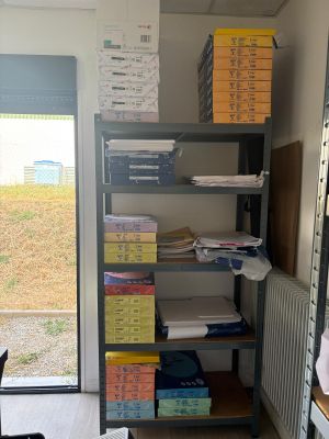 un chat assis par terre devant une bibliothèque
