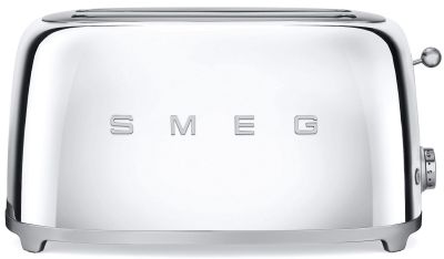 smeg stainless steel toaster on white background with smeg logo