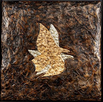 peinture représentant un oiseau volant dans les airs sur un fond marron