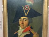 tableau représentant un homme portant un chapeau noir orné d'une écharpe rouge et blanche