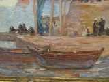 a painting of a man standing on a boat in the water