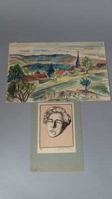 tableau représentant la tête d'un homme avec un paysage en arrière-plan