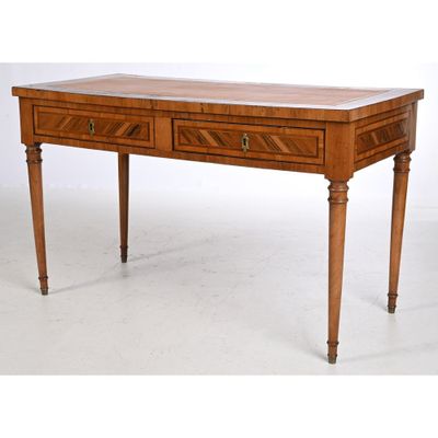 an image of a wooden desk with two drawers and a marble top