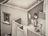 a drawing of a woman standing on the roof of a building