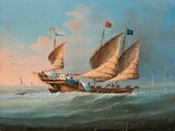 painting of a sailing ship in rough water with birds flying in the background