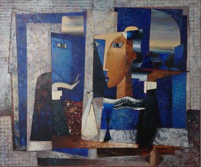 une peinture représentant un homme et une femme assis sur un banc
