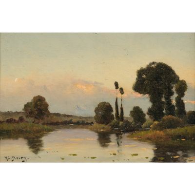 une image représentant une peinture d'une rivière avec un moulin à vent au loin