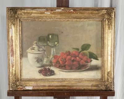 une photo d'un tableau représentant des cerises posées sur une table