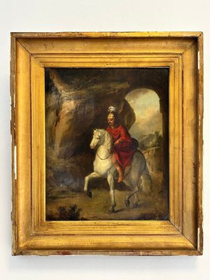 painting of a man riding a white horse in a rocky landscape