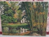 un tableau représentant une maison dans les bois, au bord de l'eau