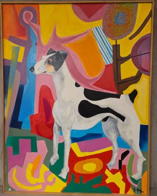 un tableau représentant un chien debout devant un tableau