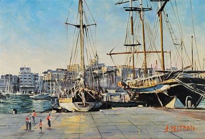 un tableau représentant un port avec des bateaux amarrés dans l'eau