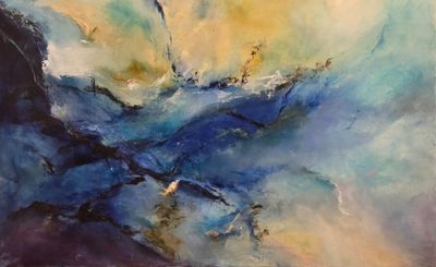 abstract painting of blue and yellow watercolors on a white background