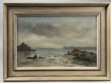 a painting of a beach scene with rocks and water