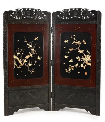 pair of antique chinese screens with birds and flowers on them