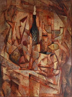 tableau représentant une nature morte avec une bouteille de vin et une corbeille de fruits