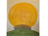 une image représentant un tableau où l'on voit un soleil jaune au-dessus d'une colline verte