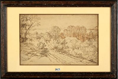 Plume d'encre brune sur papier vergé "Neige sur le sommet du…