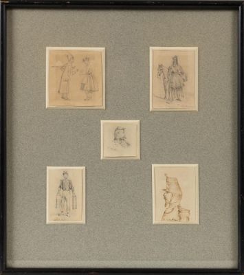 sketches of people and animals in a black frame on a table