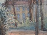 an oil painting of a building with a clock tower in the background