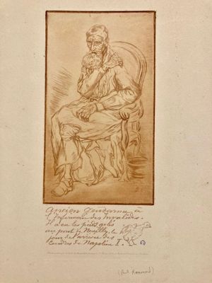 un vieux dessin représentant un homme assis sur une chaise, la main posée sur le menton