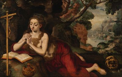 an image of a painting of a woman reading a book in a wooded area