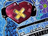 painting of a heart with a band name and a cross on it