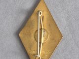 a gold pin with a pin on it on a white surface