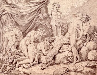 dessin représentant un groupe d'hommes et de femmes nus dans un paysage rocheux
