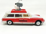 a red and white toy car with a camera on top