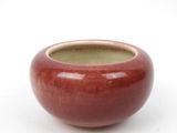 un vase rouge posé sur une surface blanche, avec un fond blanc
