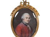 portrait d'un homme en manteau rouge, dans un cadre doré